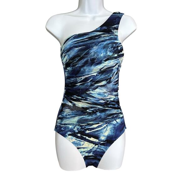 Kenneth Cole New York Blue Asymmetric Swimsuit Size S Ruched Mesh Slimming - Picture 1 of 6